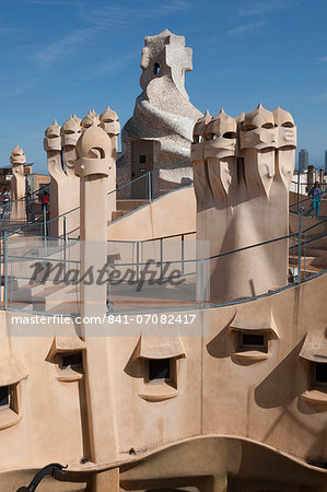 Group of grotesque chimneys on the roof of La Pedrera (Casa Mila), UNESCO World Heritage Site, Passeig de Gracia, Barcelona, Catalunya, Spain, Europe