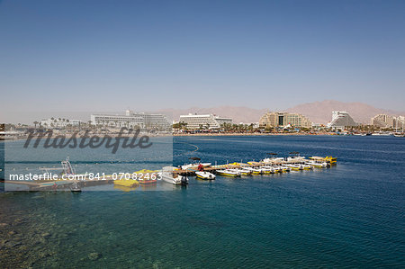 View of the Red Sea, beach and hotels in Eilat, Israel, Middle East