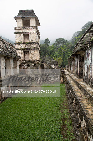 Palace in low hanging fog, Palenque Archaeological Zone, UNESCO World Heritage Site, Chiapas, Mexico, North America