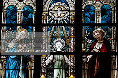 The Holy Family depicted in a stained glass window, Saint Salvators Cathedral, Bruges, West Flanders, Belgium, Europe