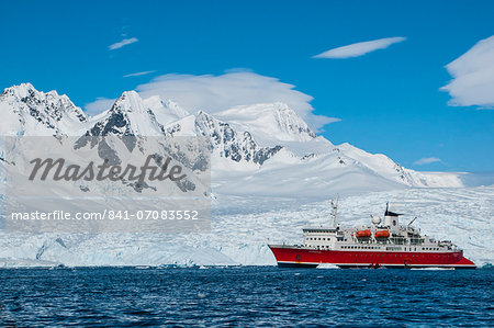 Cruise ship in front of the glaciers of Cierva Cove, Antarctica, Polar Regions Cruise ship in front of the glaciers of Cierva Cove, Antarctica, Polar Regions