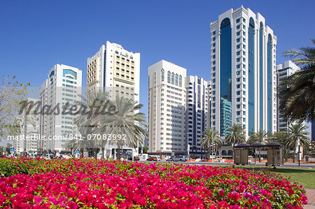 Contemporary architecture and Al Markaziyah Gardens and Fountain, Abu Dhabi, United Arab Emirates, Middle East