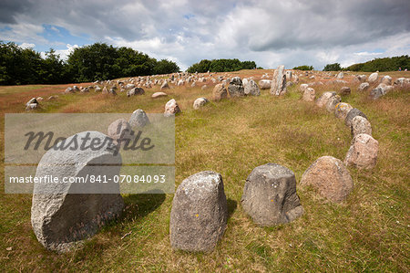 Viking burial ground with stones placed in oval outline of a Viking ship, Lindholm Hoje, Aalborg, Jutland, Denmark, Scandinavia, Europe