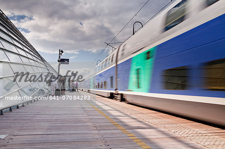 A TGV pulls into the train station of Avignon TGV, Vaucluse, France, Europe