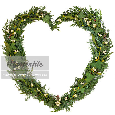 Christmas heart shaped floral wreath with mistletoe, ivy, and cedar leaf sprigs iver white background.