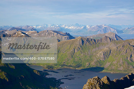 Aerial view of scenic Lofoten islands in Norway in summer with sharp mountain peaks and deep fjords