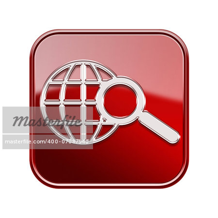 globe and magnifier icon glossy red, isolated on white background