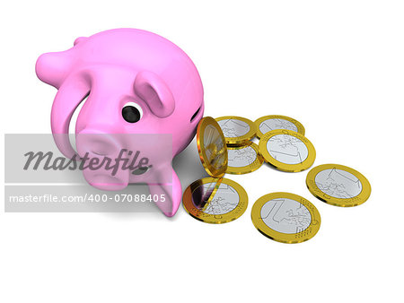 Euro coins falling from ceramic piggy bank, concept of savings and investments, isolated on white background
