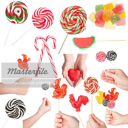 Big size set of various sweets and hands holding them isolated on white