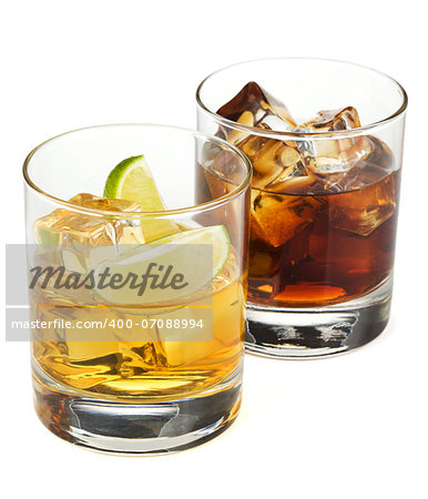 Whiskey and cola cocktails. Isolated on white background