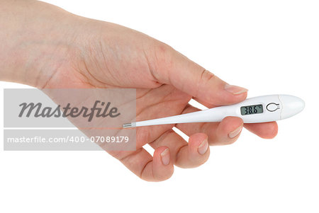 Hand with digital thermometer displaying high temperature (38.6 celsius degree). Isolated on the white background