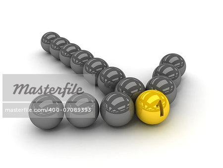 Grey arrow of the balls with the gold leader in front. Concept 3D illustration