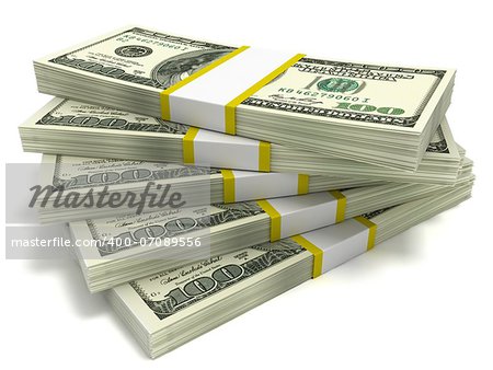 Five stacks of hundred dollar bills, close-up on a white background.