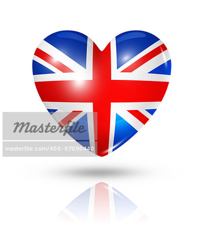 Love United Kingdom symbol. 3D heart flag icon isolated on white with clipping path