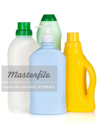 Plastic bottles of cleaning products. Isolated on white background