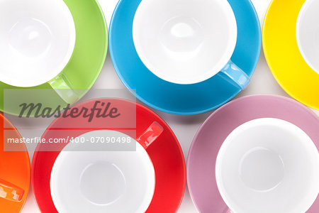 Closeup of colorful tea cups. View from above