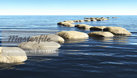 a path made of stones that stay above the surface of deep water, winds toward a unknown destination in a sunny day