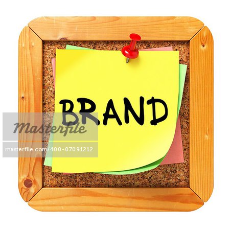 Brand, Yellow Sticker on Cork Bulletin or Message Board. Business Concept. 3D Render.