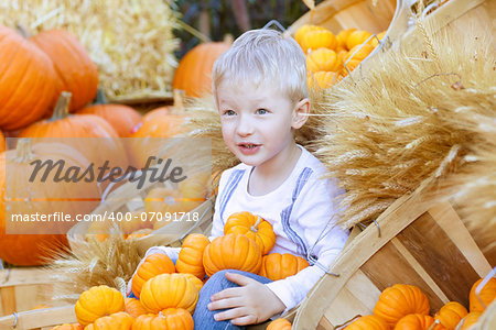 cute adorable boy at the pumpkin patch