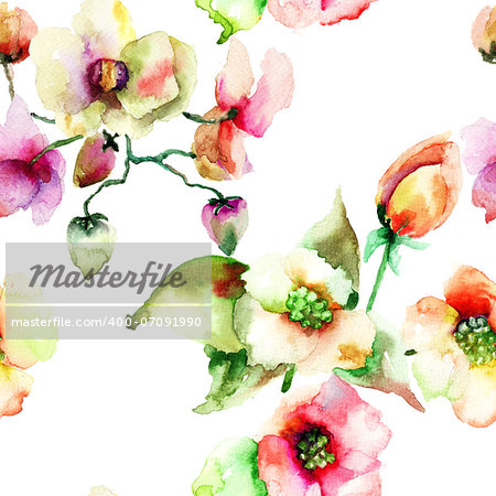 Seamless wallpaper of Colorful Summer flowers, watercolor painting