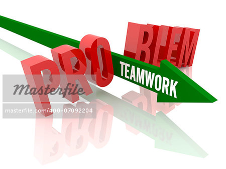 Arrow with word Teamwork breaks word Problem. Concept 3D illustration.