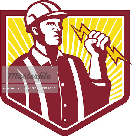 Illustration of an electrician wielding holding a lightning bolt facing side done in retro style in isolated white background.