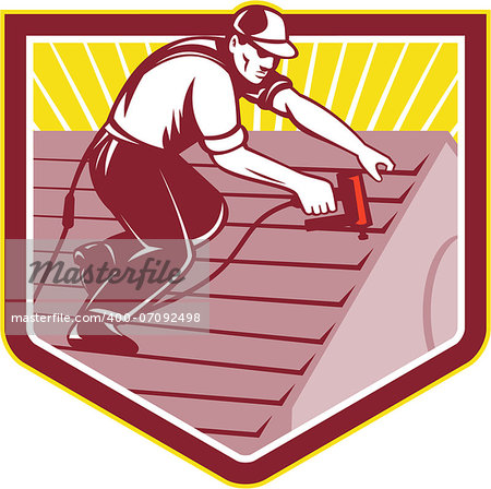 Illustration of a roofer construction worker roofing working on house roof with nail gun nailgun nailer done in retro style.