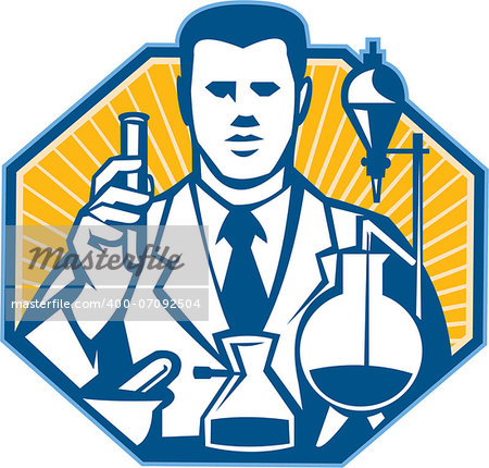 Illustration of scientist laboratory researcher chemist holding test tube flask done in retro style.