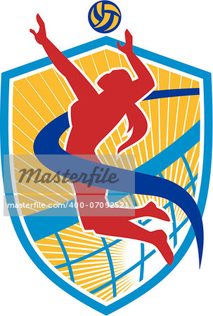 Illustration of a volleyball player spiker spiking hitting ball set inside crest shield with net done in retro style.