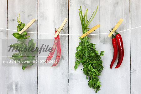 Photo of green  parsley, haricot, basil and cayenne pepper