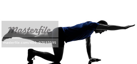 man exercising push ups workout fitness aerobics posture in silhouette studio isolated on white background