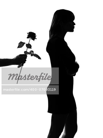 man hand offering a flower rose stylish sexy silhouette caucasian beautiful woman on studio isolated white background