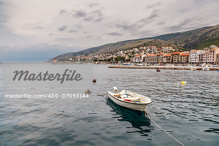 Boat and Coastline of Town Senj near Istria, Croatia