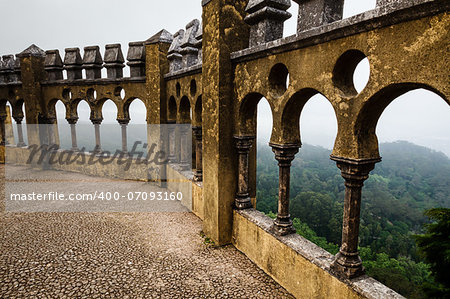 Open Arch Windows in Pena Palace with View on City of Sintra, Portugal