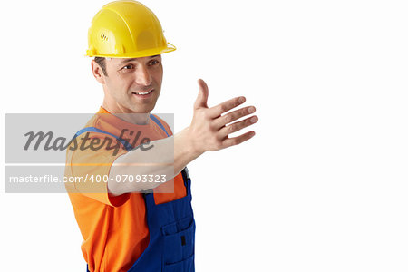 Builder in helmets on a white background