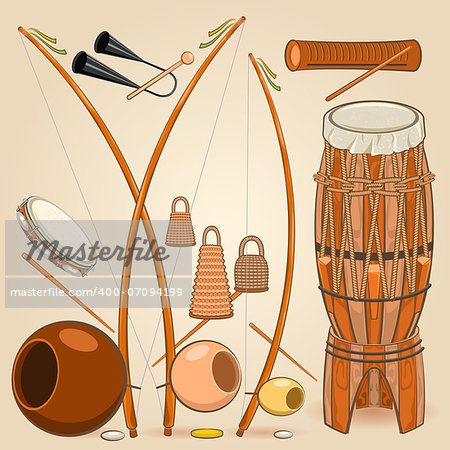 Brazilian Capoeira Music Instruments Such as Berimbau, Atabaque, Pandeiro, Reco reco.