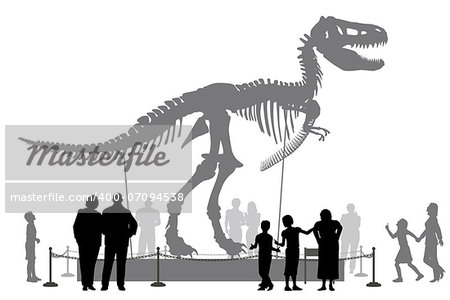 Editable vector silhouettes of people looking at a Tyrannosaurus rex skeleton in a museum