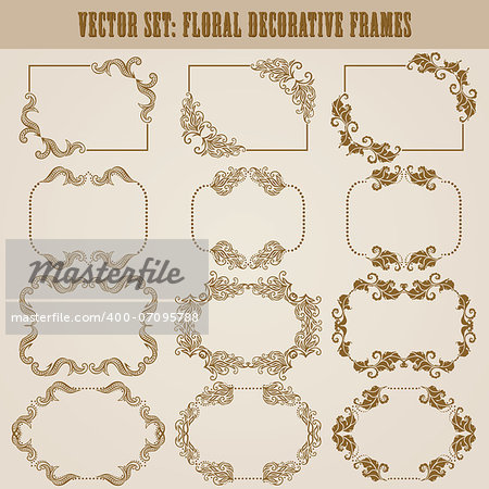 Vector set of decorative ornate frame with floral elements for invitations. Page decoration.