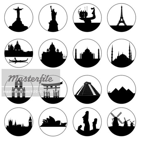 round buttons of famous places in the world on a white background