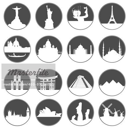 gray buttons with white silhouettes of famous places in the world on a white background