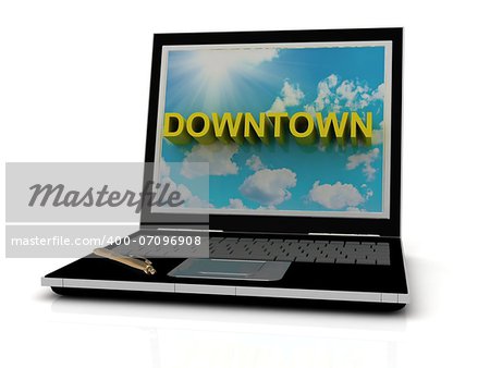 DOWNTOWN sign on laptop screen of the yellow letters on a background of sky, sun and clouds