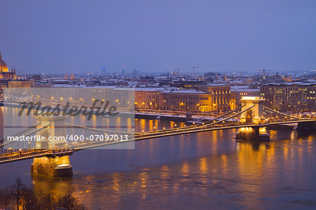 Chain Bridge (Szechenyi lanchid) and Danube river at night from above, Budapest, Hungary