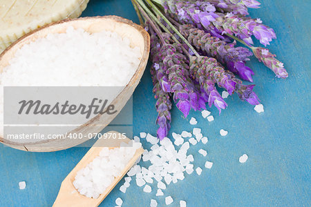Lavender flowers  spa threatment - fresh flowers and aromatic salt on a  table