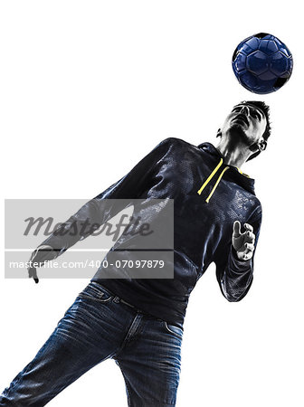 one caucasian young man soccer freestyler player  in silhouette  on white background