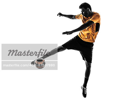 one caucasian young man soccer player orange jersey in silhouette  on white background