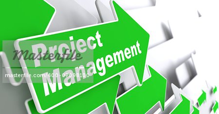 Project Management - Business Concept. Green Arrow with "Project Management" Slogan on a Grey Background. 3D Render.