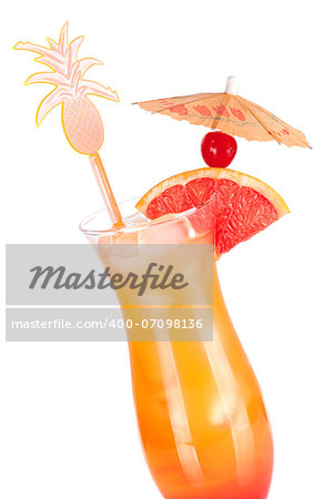 Red tropical alcohol cocktail with grapefruit slice and maraschino isolated on white background