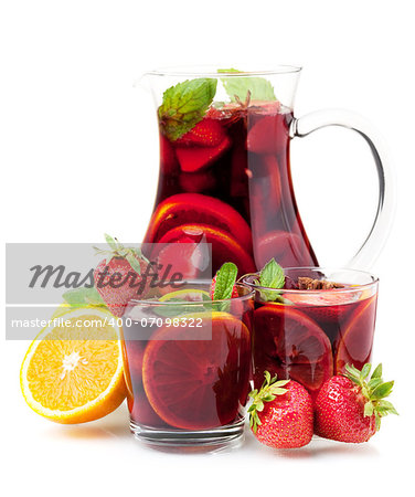 Cocktail collection - Refreshing fruit sangria in jug and two glasses. Isolated on white