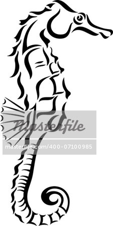 Stylized black and white icon of a seahorse on white background