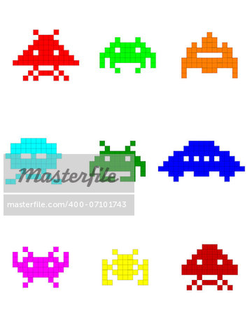 colorful silhouettes of space invaders on a white background